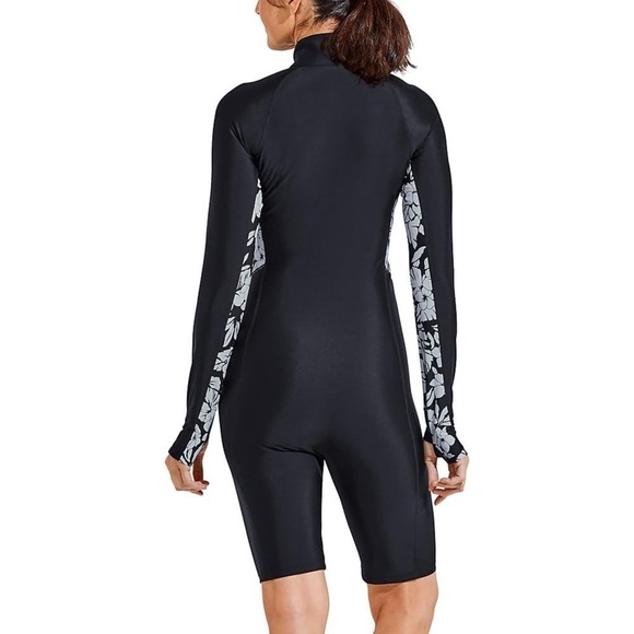 Coolibar Alana Knee Length Swimsuit Long UPF 50+ Black Floral Colorblock Size L - Picture 3 of 11